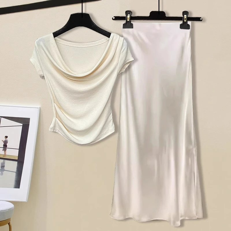 气质温柔轻熟风女2025夏新款荡领修身短袖T恤缎面半身裙两件套装