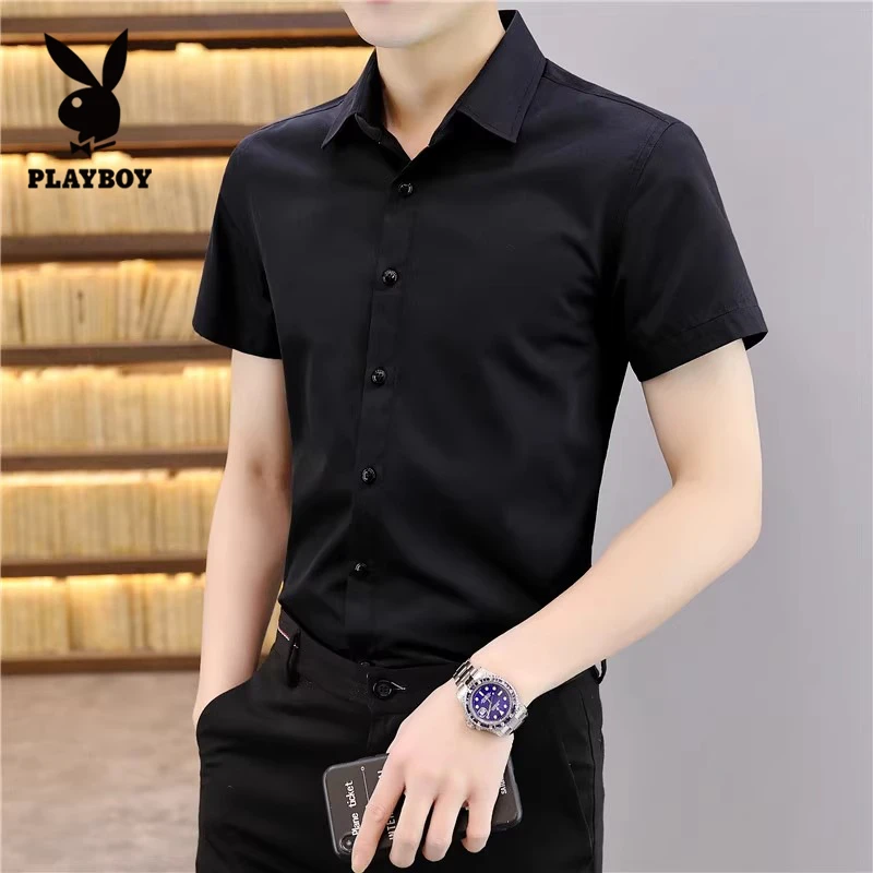 花花公子夏季男士短袖衬衫韩版修身潮流帅气休闲商务衬衣半袖衣服