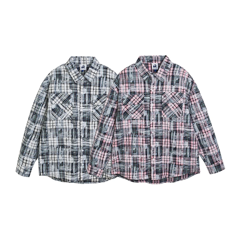 24美式复古格子小众长袖衬衫男女潮牌宽松情侣百搭高街衬衣c322