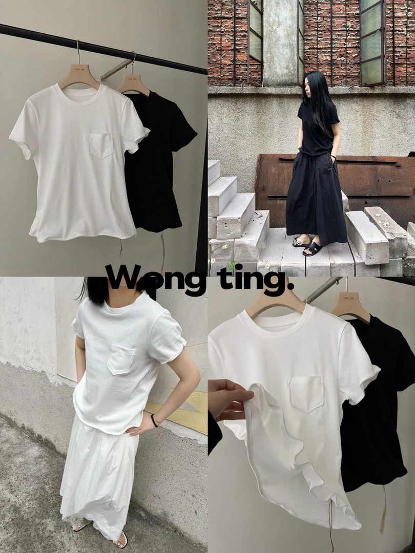 【W_ting】2025新款小众设计师三色口袋净色短袖T恤83968