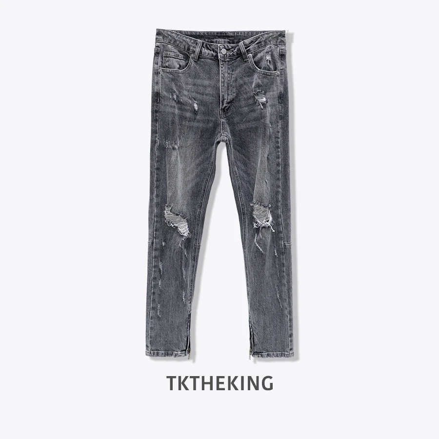 TKTHEKING/R0017 春夏新款做旧水洗破洞修身小直筒牛仔裤