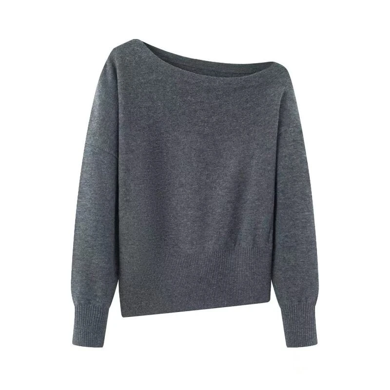 艾家休闲套头毛衣2025秋新款一字领露肩气质显瘦针织衫AB804127