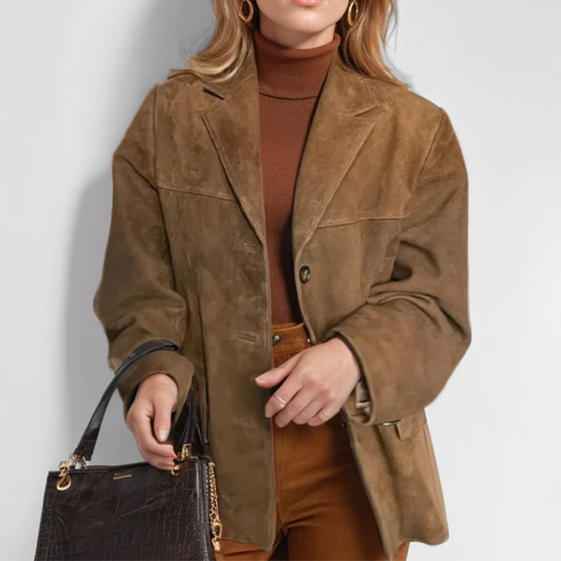 修身型长袖方领标准常规款皮衣时尚上衣美式日奢风