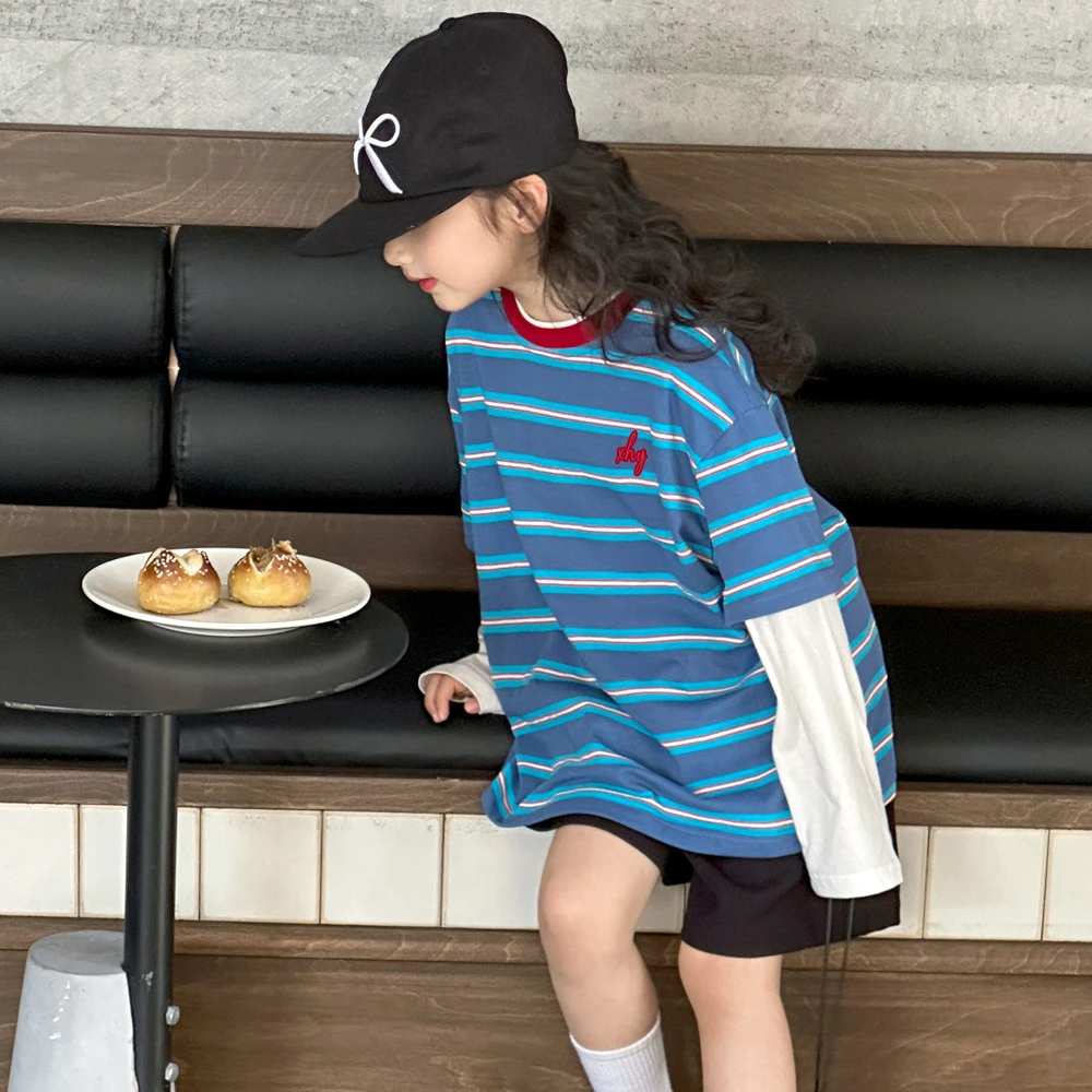 女童长袖t恤2025早春新款儿童洋气上衣撞色条纹宽松假两件打底衫