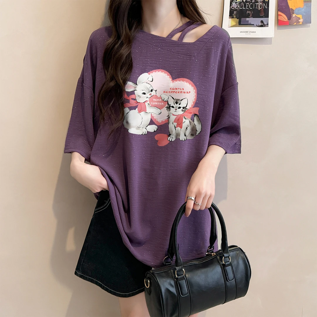 星空闪短袖T恤女夏季韩版时尚宽松中长款卡通减龄显瘦半袖上衣ins