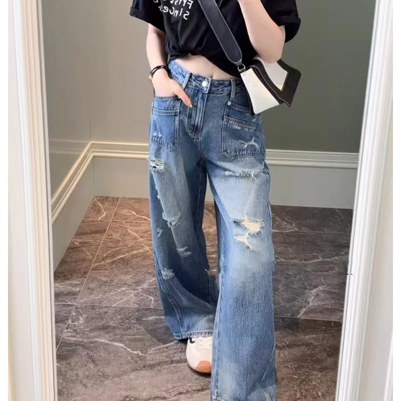 HH 66269 夏季特调质感蓝~显瘦代表！窄版直筒拖地裤~