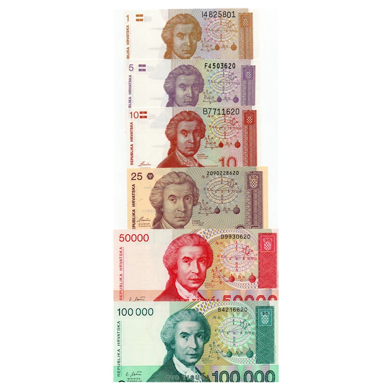 克罗地亚纸币6张(1-10万第纳尔）1991-93年数学家欧洲全新UNC
