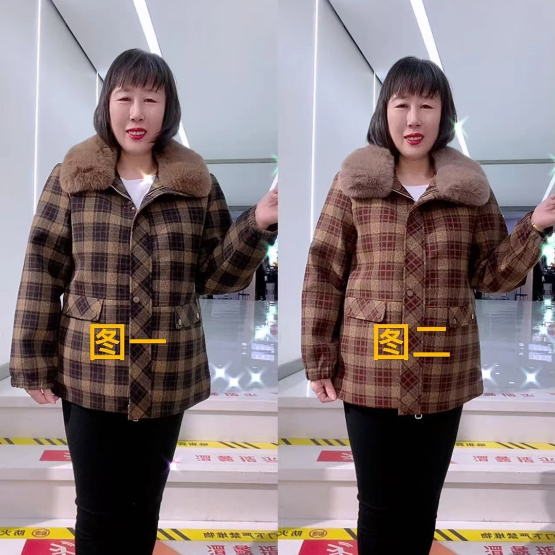 冬季加绒加厚带可拆卸毛领格子气质妈妈装外套