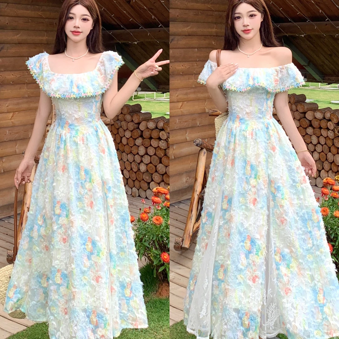 大码夏季花与爱丽丝法式复古方领碎花裙甜美夏海边度假仙女连衣裙
