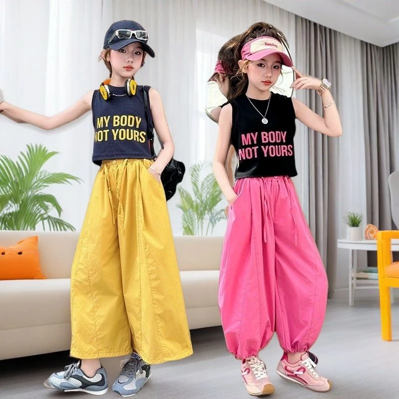 女童夏季套装中大童2025新款儿童无袖背心女孩休闲阔腿裤一整套潮