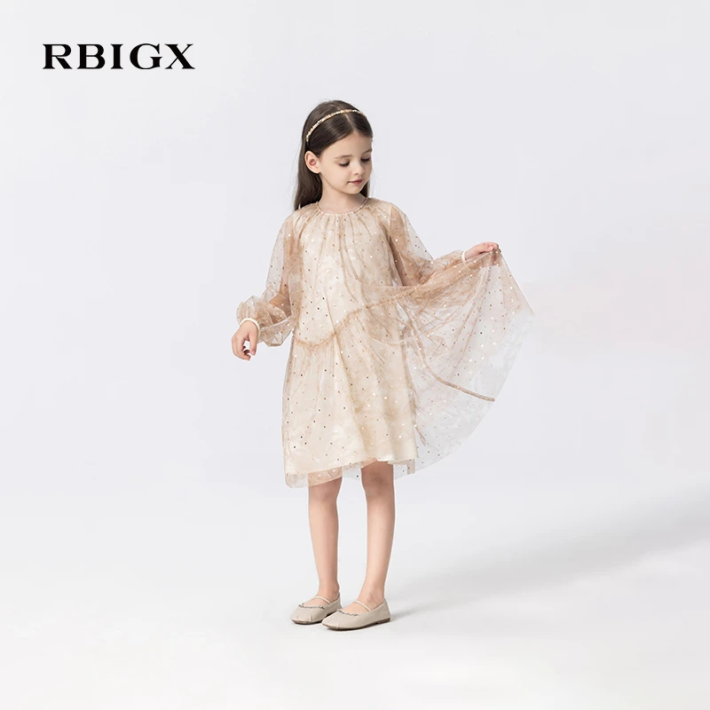 【流光风】RBIGX瑞比克童装秋季新款设计感休闲印花网纱公主连衣裙