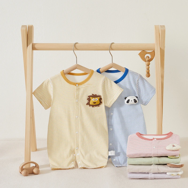 婴儿衣服夏薄款a类无骨短袖哈衣条纹宝宝纯棉空调服婴儿连体衣