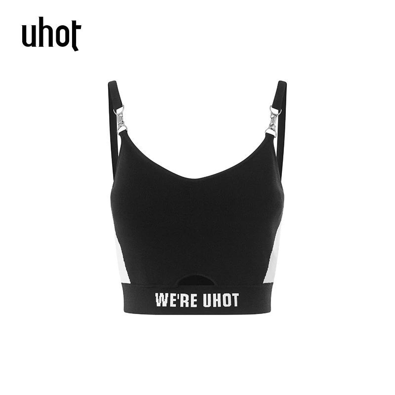 uhot 黑色字母提花经典百搭摩登性感细肩带设计针织背心UWFS1Z025