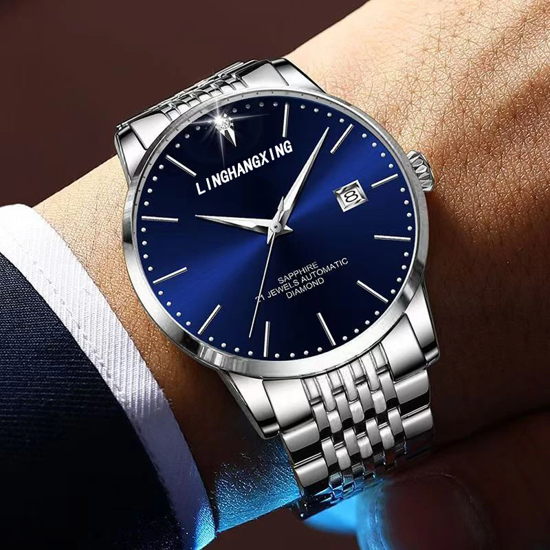 律雅钢带-全自动机械表夜光防水日历镂空腕表男士手表多功能