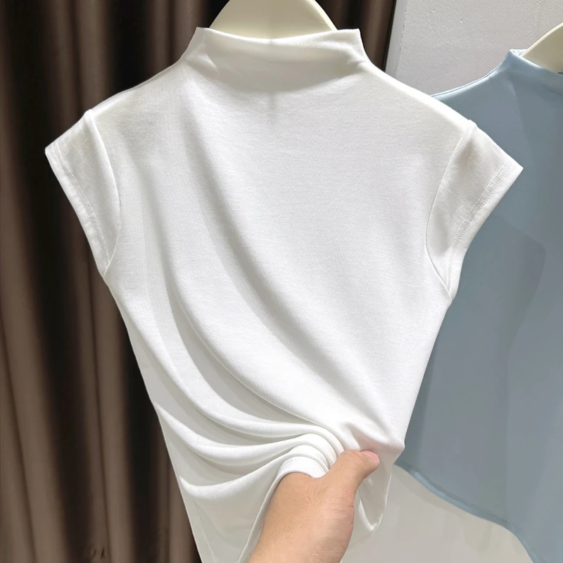 白色气质半高领针织短袖t恤女2025新款夏季高级感修身插肩袖上衣