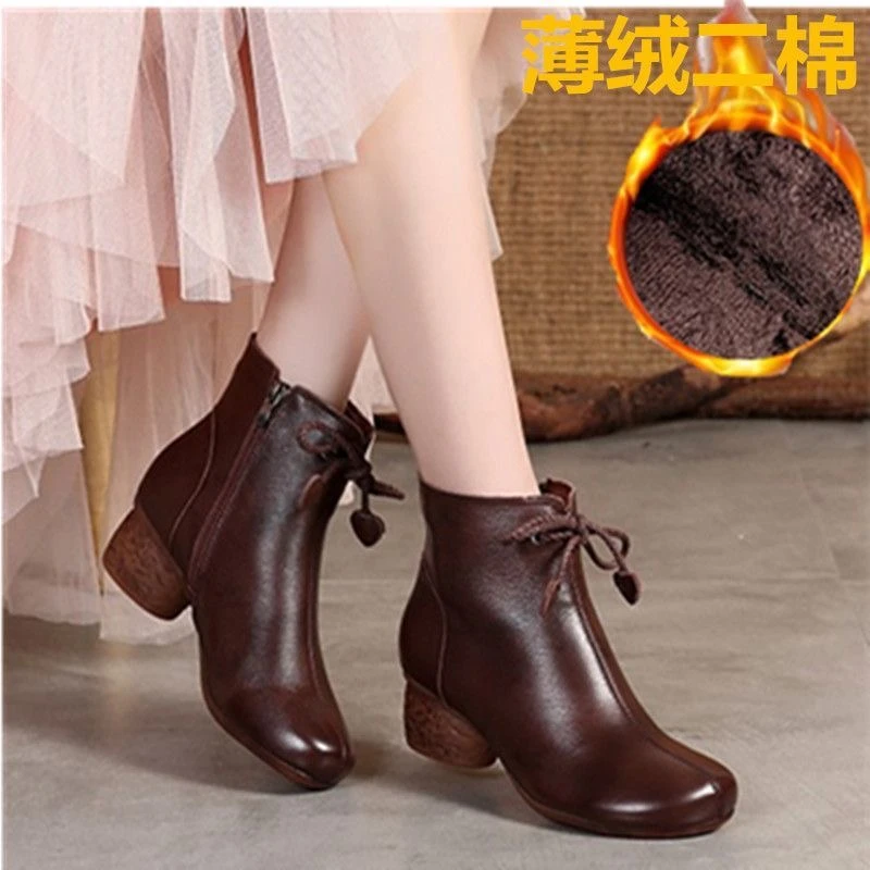 （真皮断色断码撤柜）2025秋冬新款软底复古粗跟单靴跳舞民族风马丁