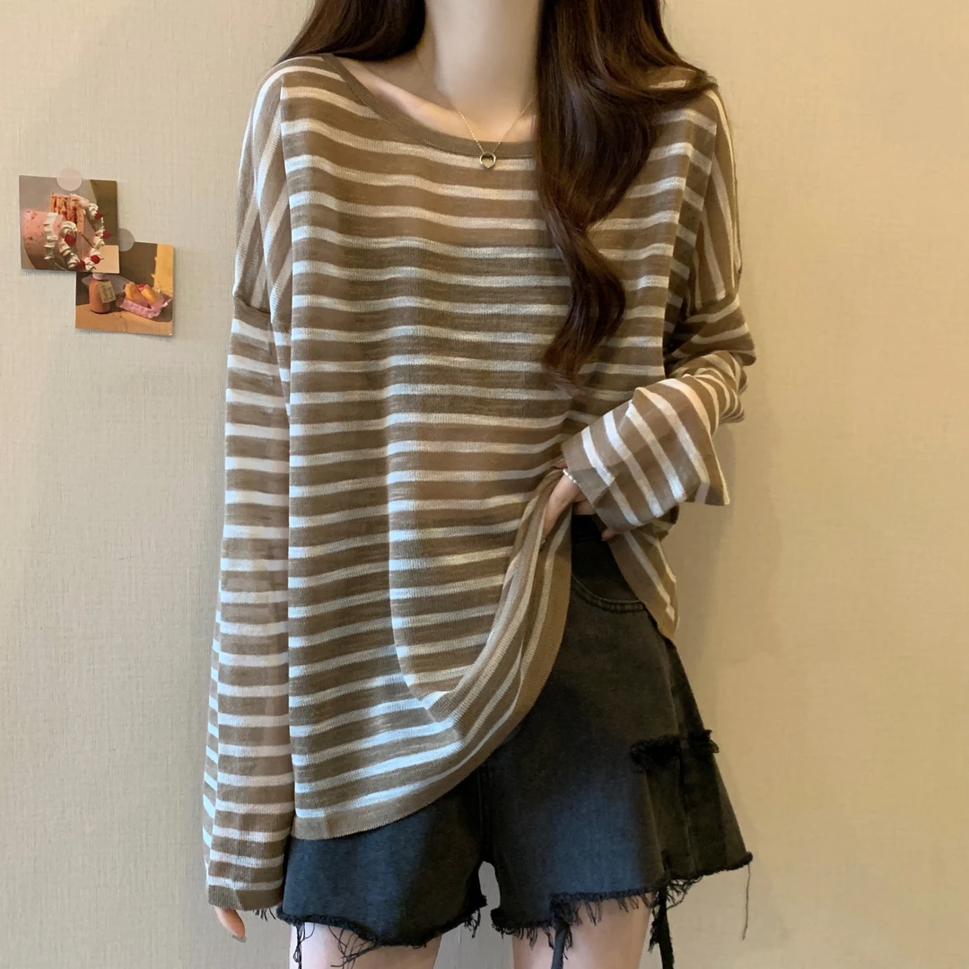 显瘦长袖针织微胖MM防晒衣春夏季冰丝条纹前后两女装禅意仙气飘飘