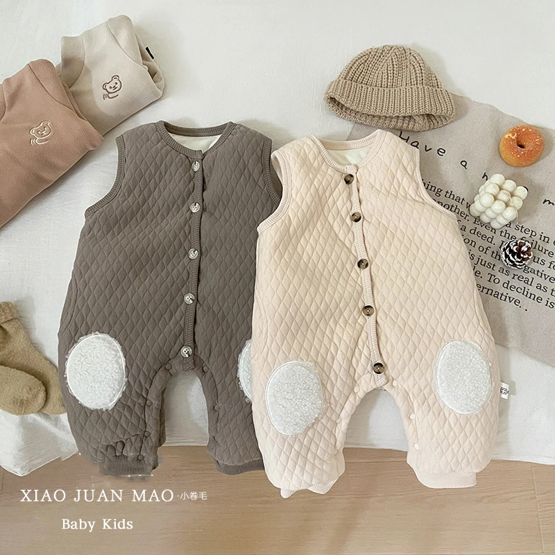 T24D130 韩版婴儿背心格子包屁裤加厚男女宝保暖连体衣爬服加绒外