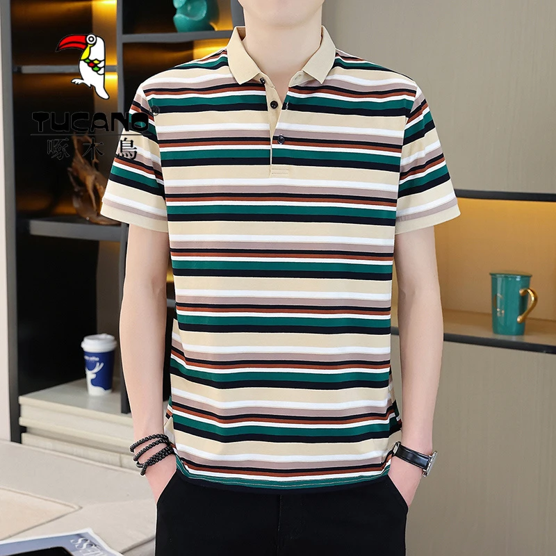 啄木鸟2025纯棉POLO衫短袖男夏季新款青年条纹T恤修身韩版翻领半