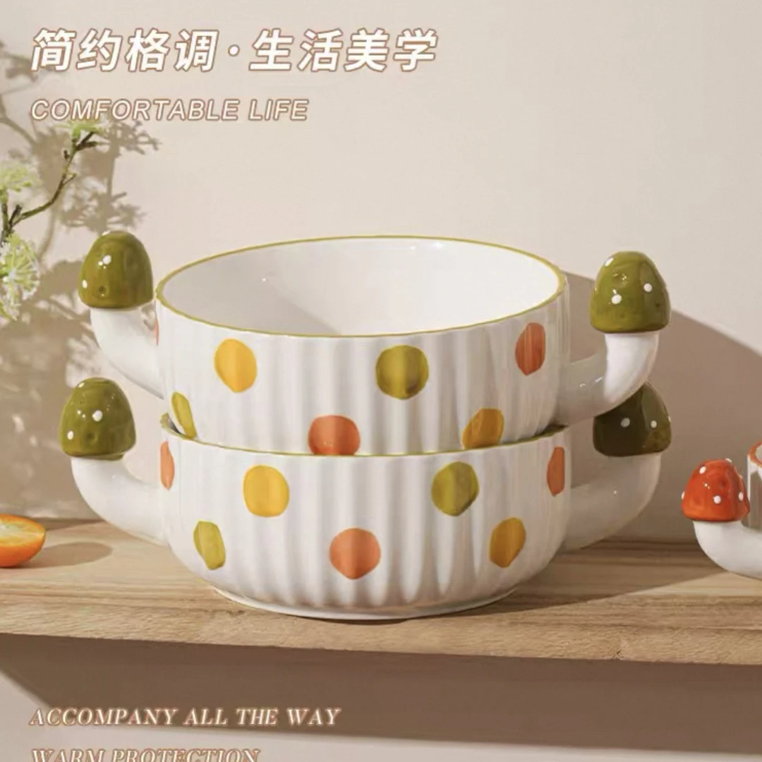波点蘑菇大容量餐厅双耳汤碗高颜值可爱泡面陶瓷沙拉碗釉下彩手绘
