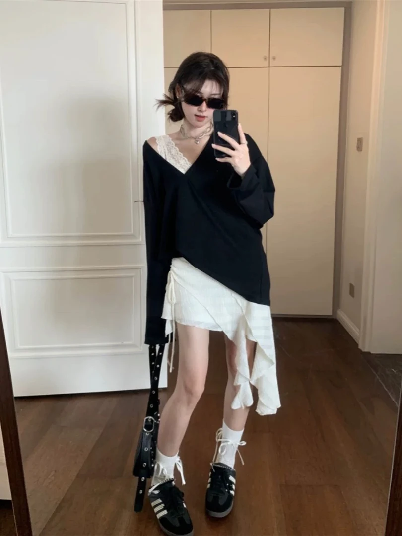 微胖半身裙温柔不规则斜边飘带显瘦抽绳