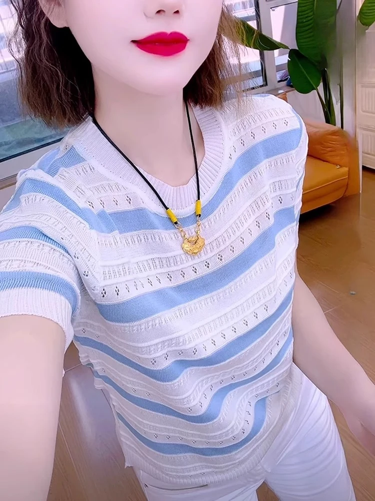 2025夏季新款圆领撞色条纹短袖针织衫女气质修身显瘦通勤简约上衣