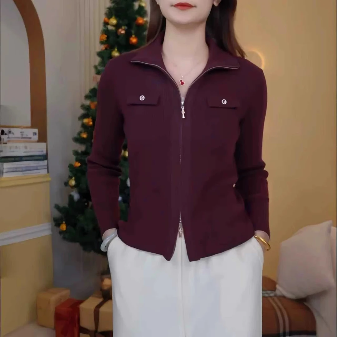 时尚立领长袖针织衫女2025秋冬季新款双拉链设计修身显瘦大码上衣