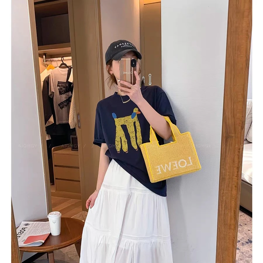 藏蓝色圆领短袖印花T恤女2025年夏季新款宽松显瘦上衣