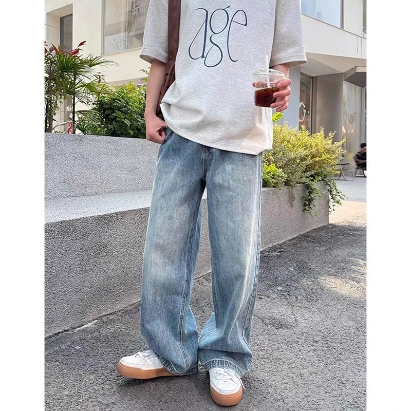 美式复古水洗蓝色宽松直筒牛仔裤男潮流慵懒休闲百搭松弛感长裤子