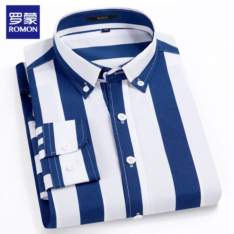 罗蒙男士长袖衬衫春秋新款休闲百搭商务正装经典条纹抗皱免烫上衣