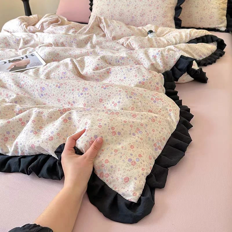 韩系甜美莓莓碎花A类赫本风木耳边四件套 少女心宿舍三件套