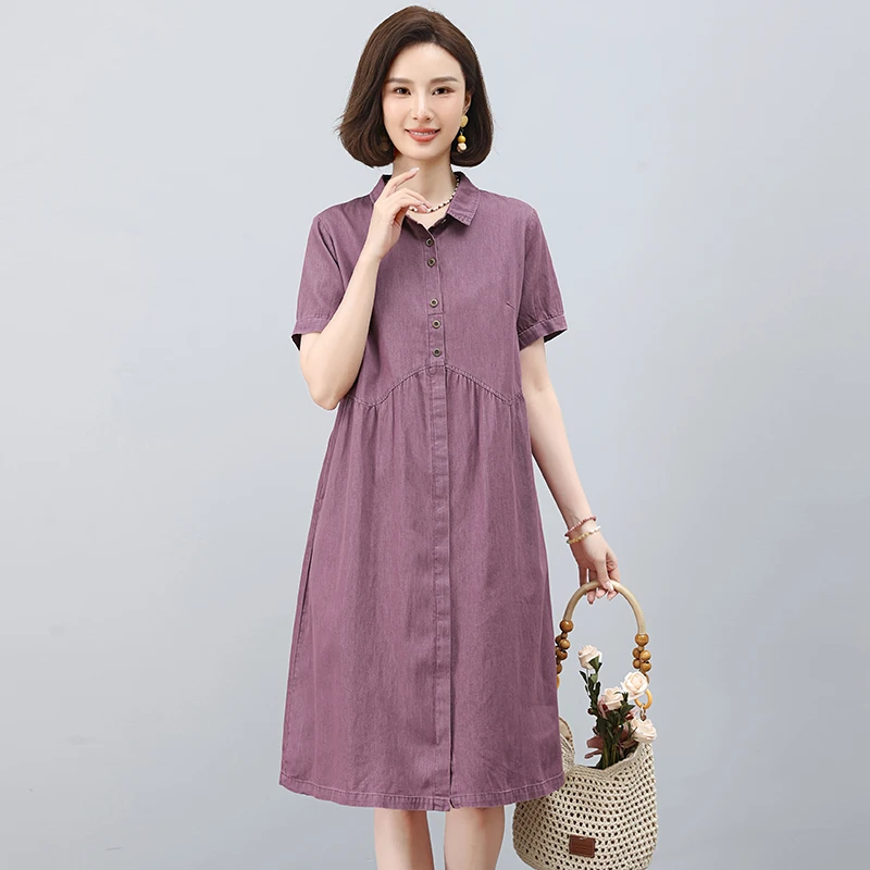 妈妈薄款牛仔连衣裙女2025夏季新款宽松大码显瘦气质衬衫中长裙子