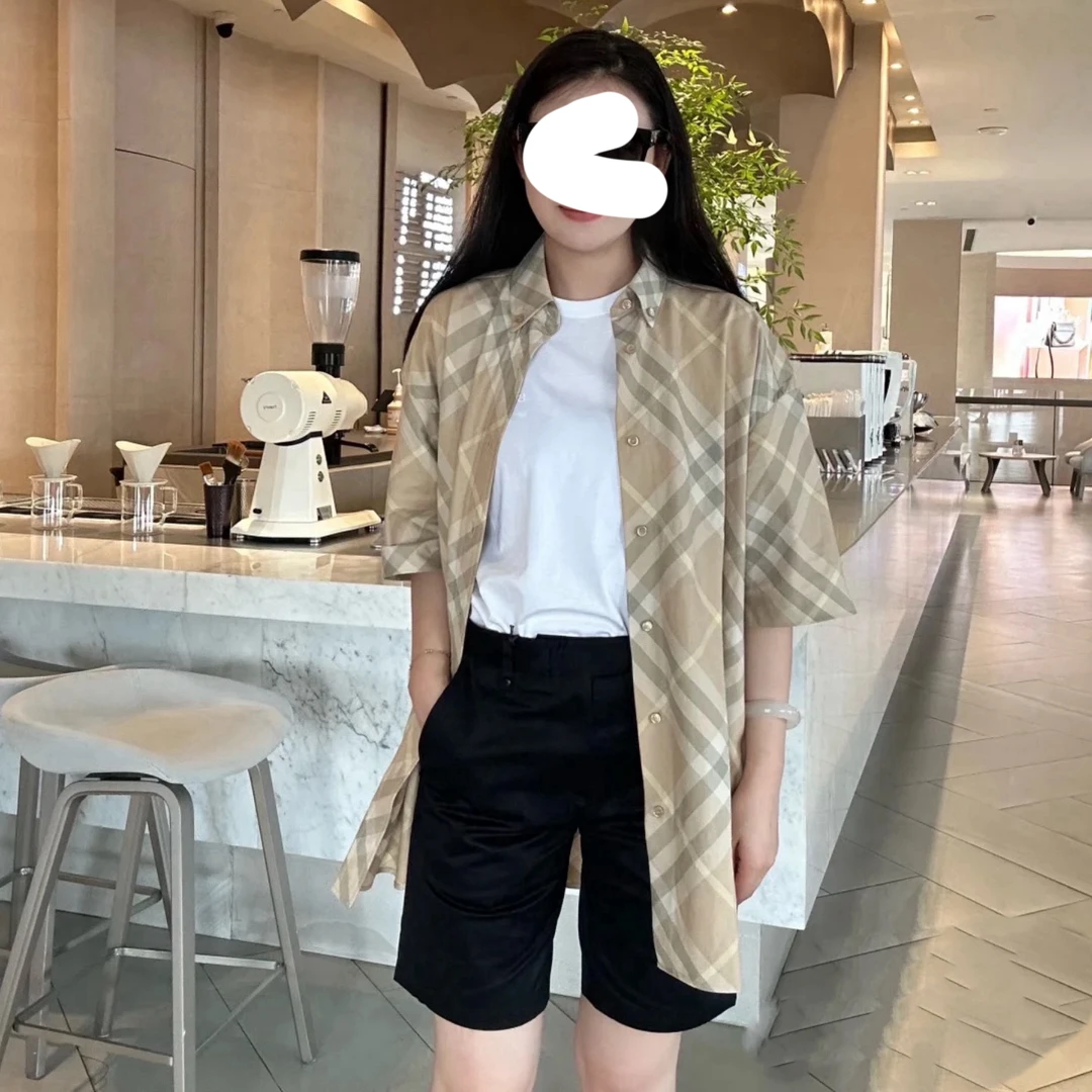 未使用 BURBERRY/博柏利 000853 杏色棉质格子短袖衬衫 S码