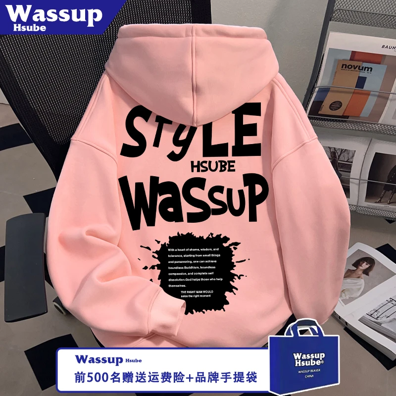 WASSUP HSUBE秋冬季男女连帽套头上衣流行原创英文印花藏青色卫衣