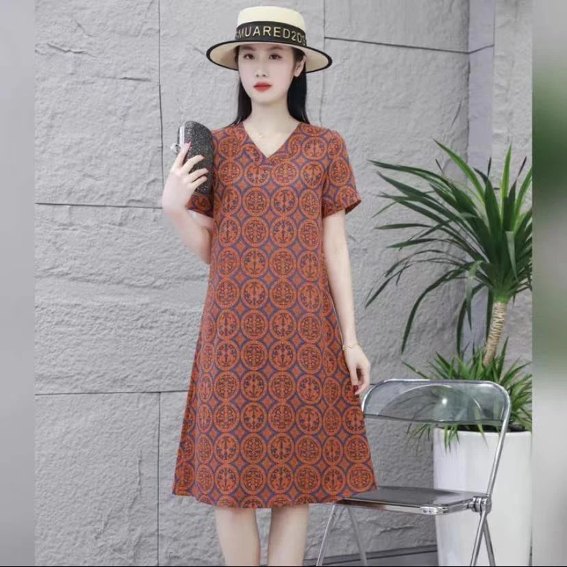 9839-夏季新款V领短袖中长款气质显瘦减龄妈妈装连衣裙女