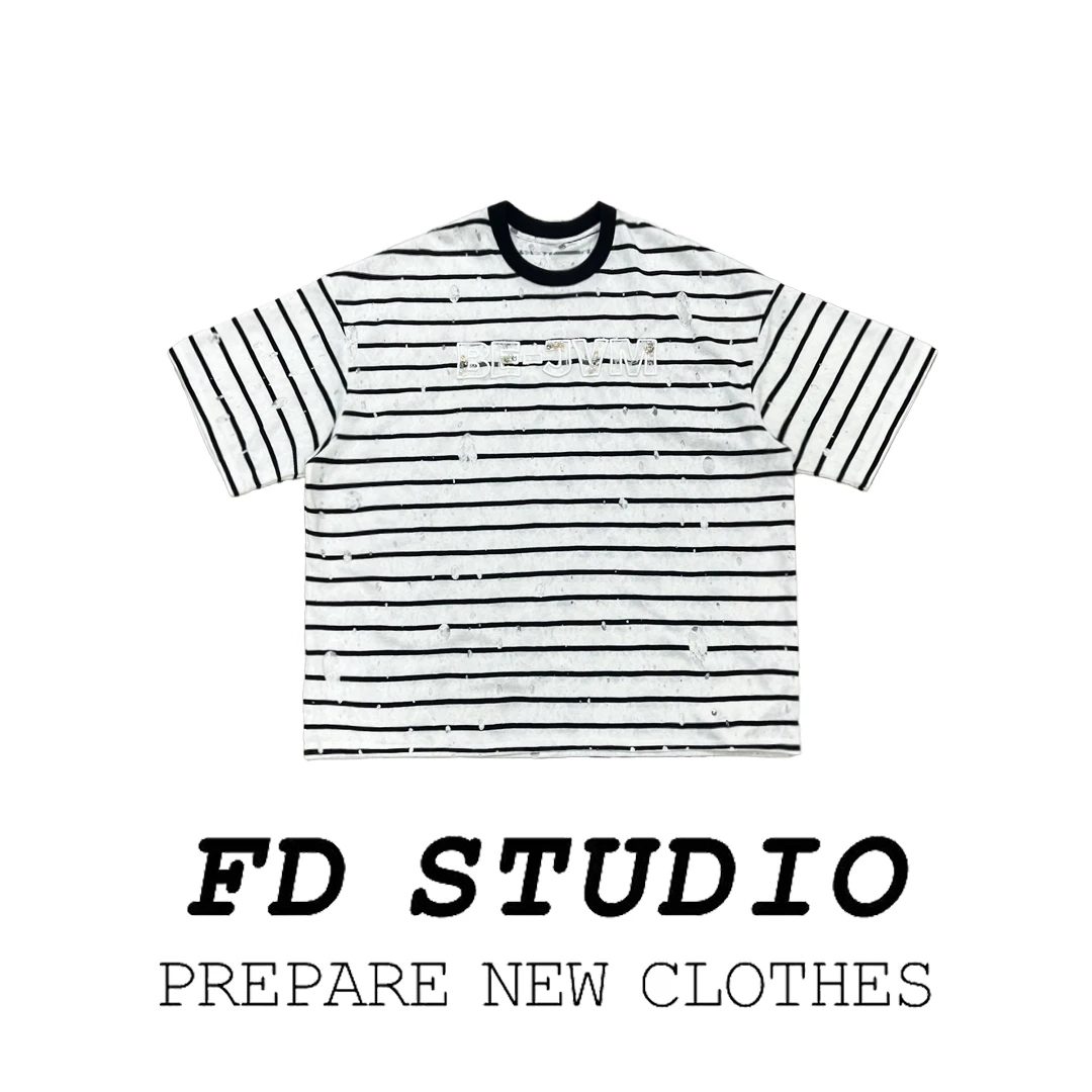 【梵町定制】FD26721夏季新款设计师款破洞l蕾丝条纹短袖T恤