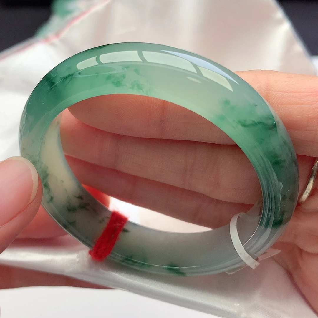 未镶嵌手镯翡翠51-52圈口冰绿底飘意境花绝美10号