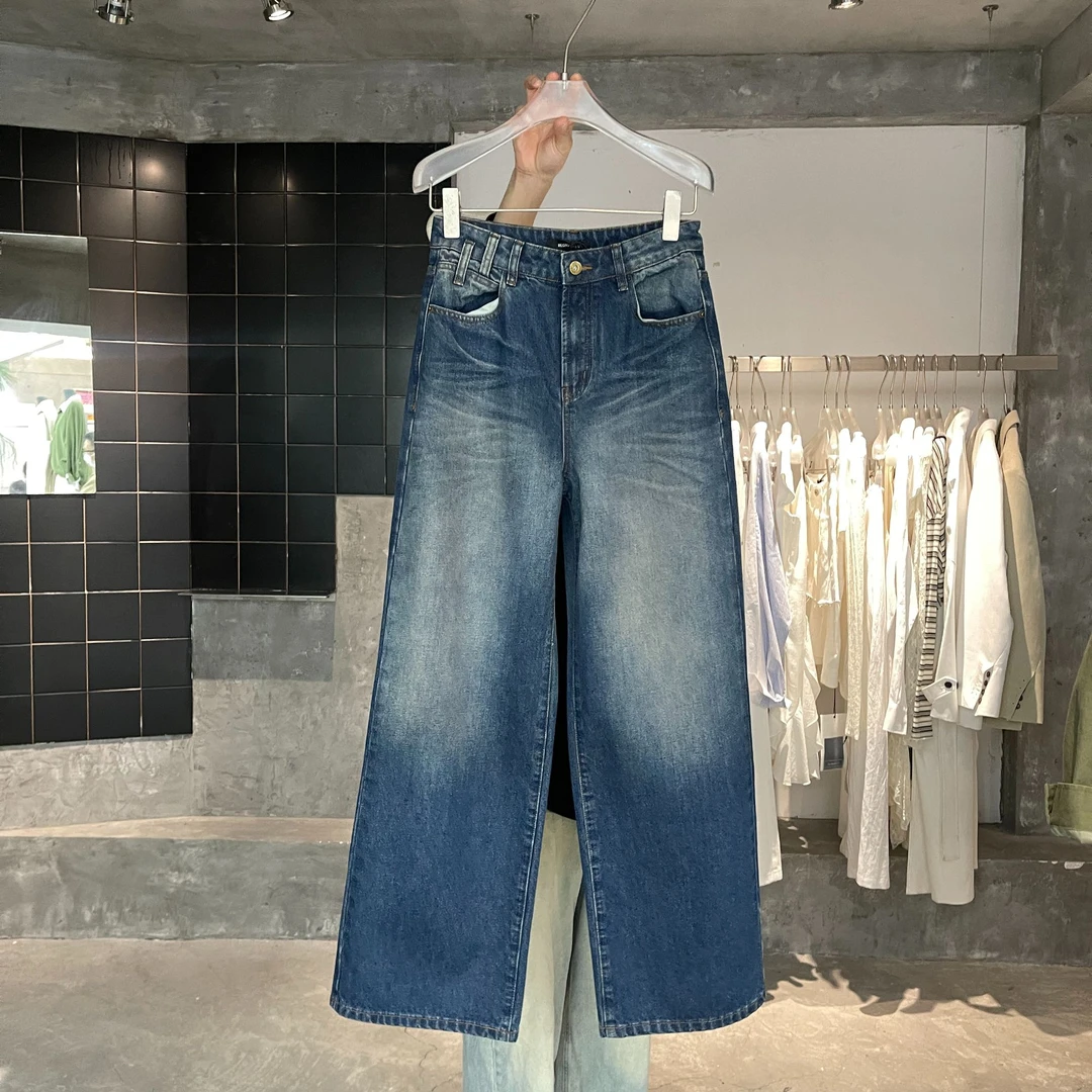 【清】逸语IN choose u笑笑家2025韩版褶皱磨白直筒显瘦牛仔裤89699