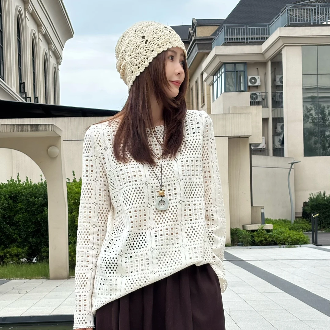 【周Fasion】设计感针织镂空休闲风套头长袖套装拼接T恤纯色慵懒风