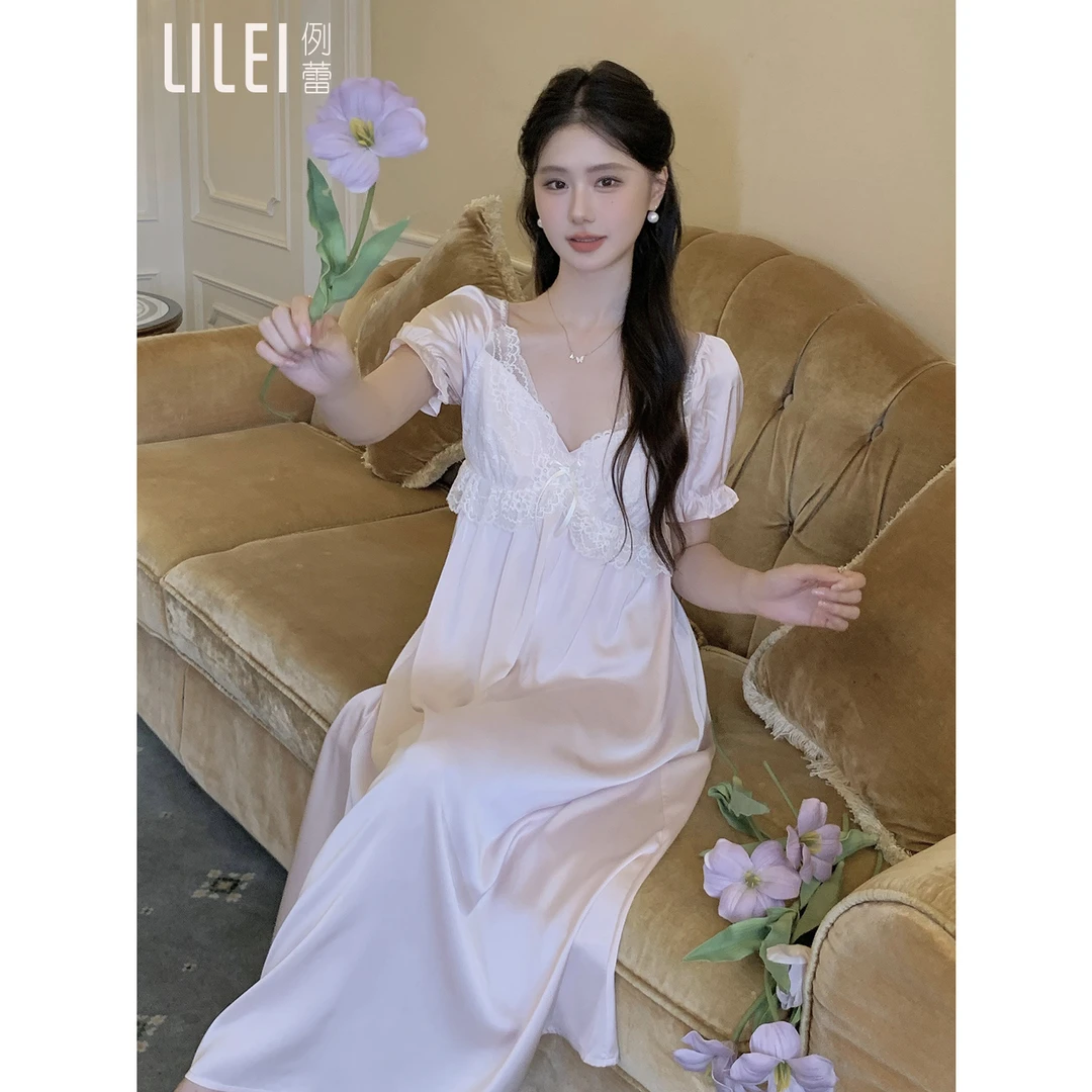 【蒹葭睡裙】法式睡裙女夏季新款蕾丝带胸垫睡衣冰丝少女家居服夏