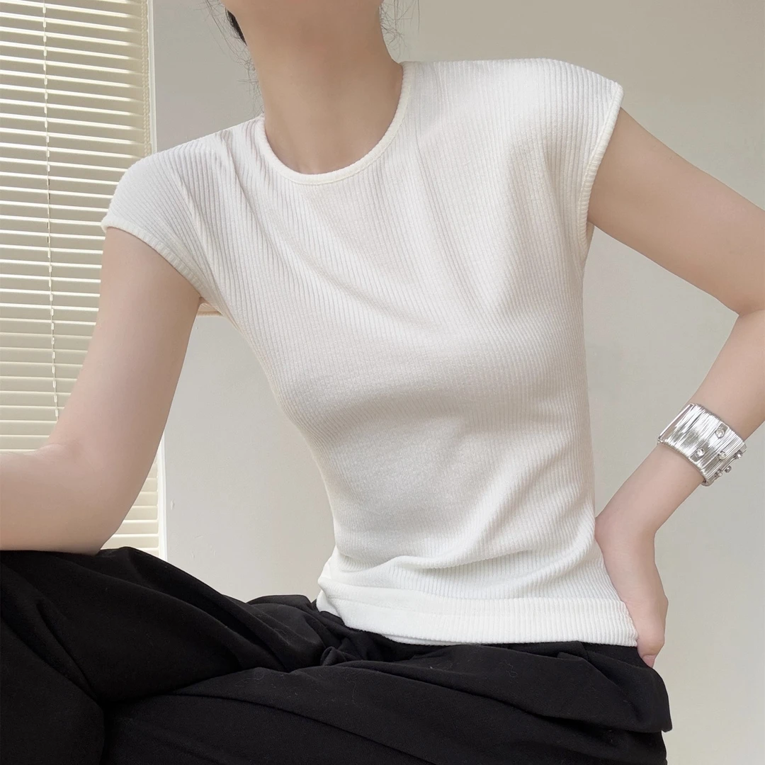 弹力针织无袖T恤女圆领外穿通勤修身显瘦坑条螺纹背心打底衫上衣