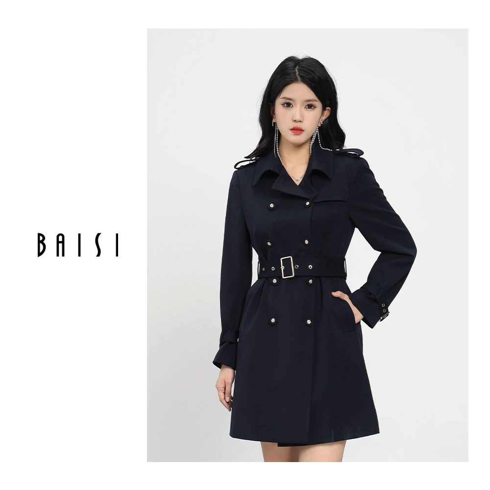 BAISI/百丝气质显瘦春季风衣黑色英伦风外套收腰双排扣大衣中长款