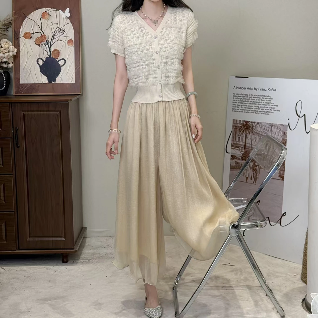 【两件套】裙裤+上衣夏季高腰设计感裤裙+针织小香风蕾丝上衣
