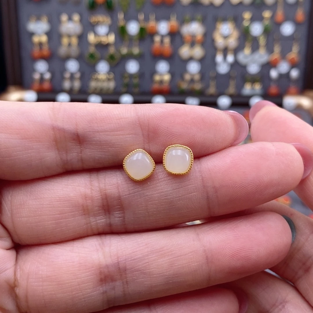 银S925镶嵌和田玉耳饰多**࿐