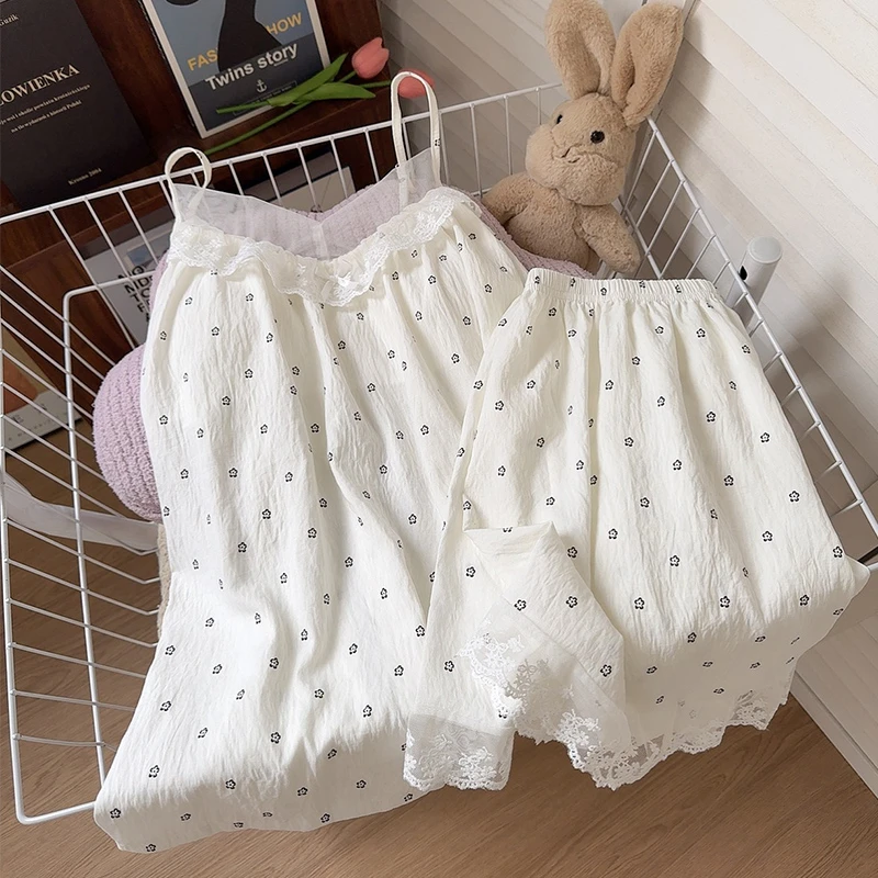 甜美睡衣女款夏季吊带薄款网纱蕾丝小性感纯欲风小碎花带胸垫套装