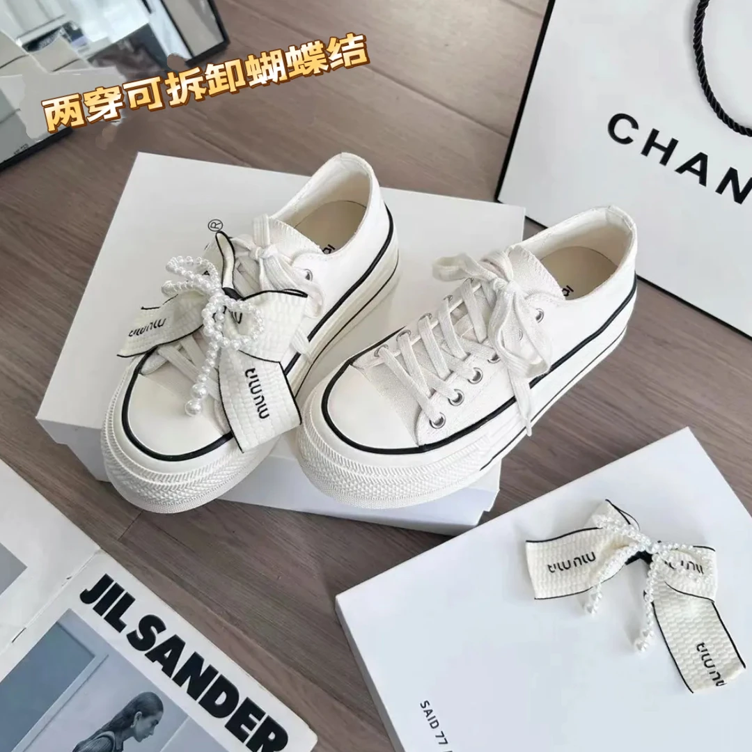 【珍珠蝴蝶结】春季透气帆布鞋厚底学生ins低帮韩版系带