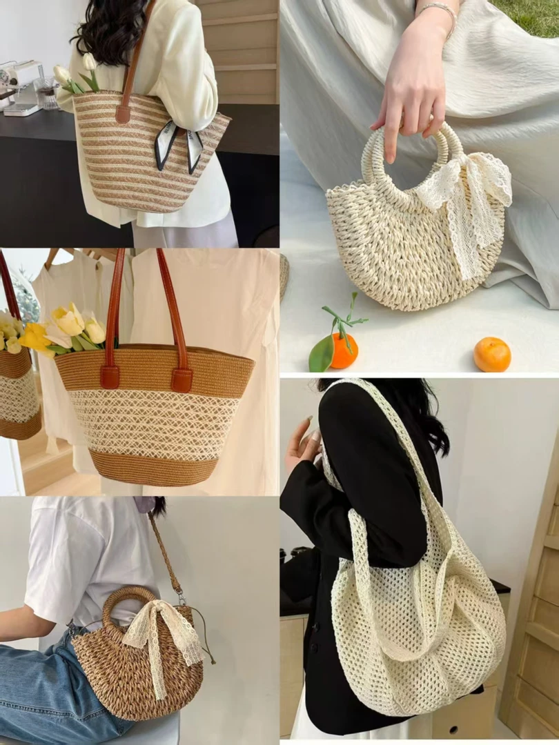 爆款编织女士单肩包草编包链条手提包镂空时尚小众设计夏日沙滩风