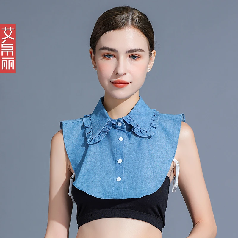 牛仔假领子女百搭衬衫领棉装饰秋冬牛仔尖领搭配卫衣毛衣春荷边领