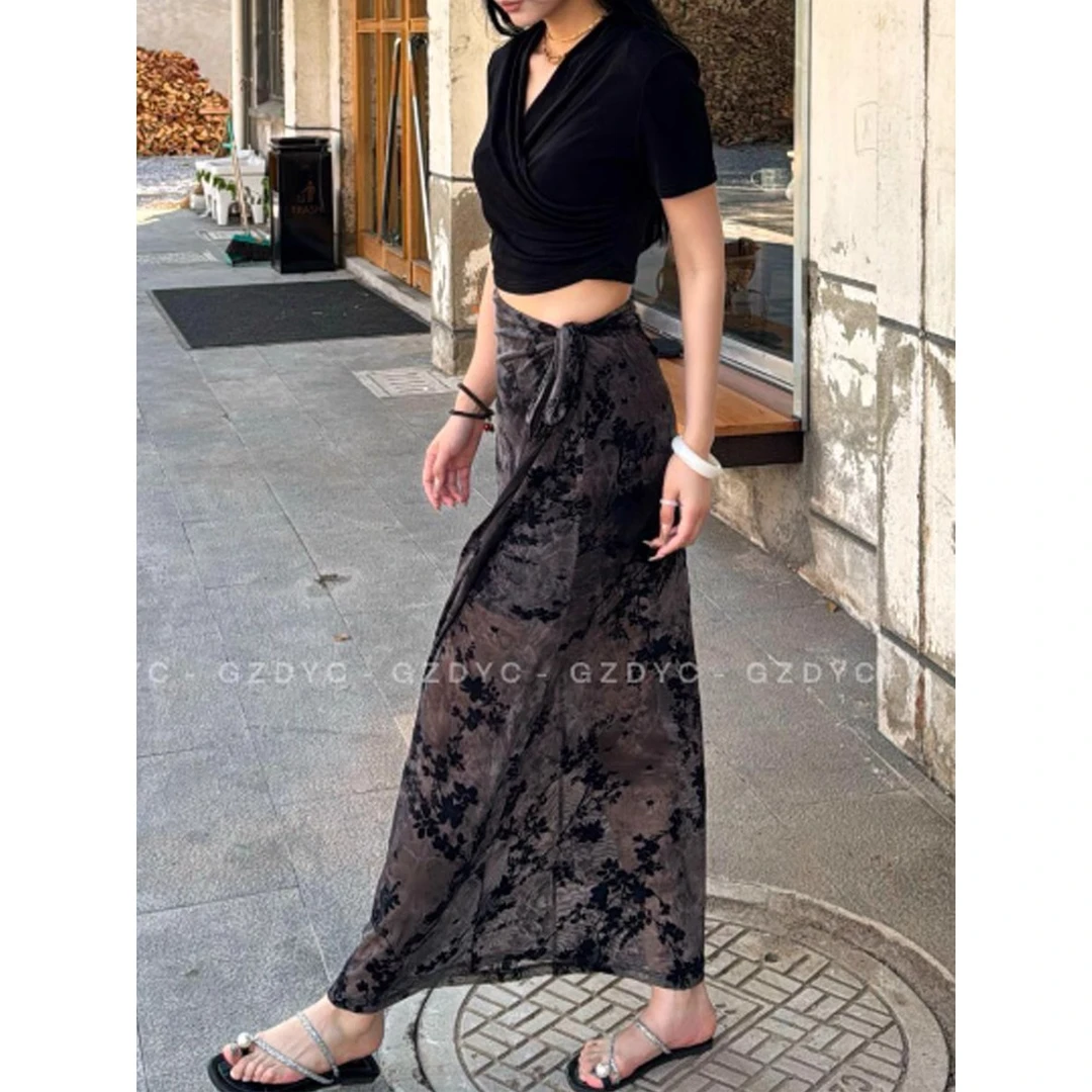 黑色晕染辣妹系带修身长裙女2025中长款显瘦性感新款开叉高腰裙子