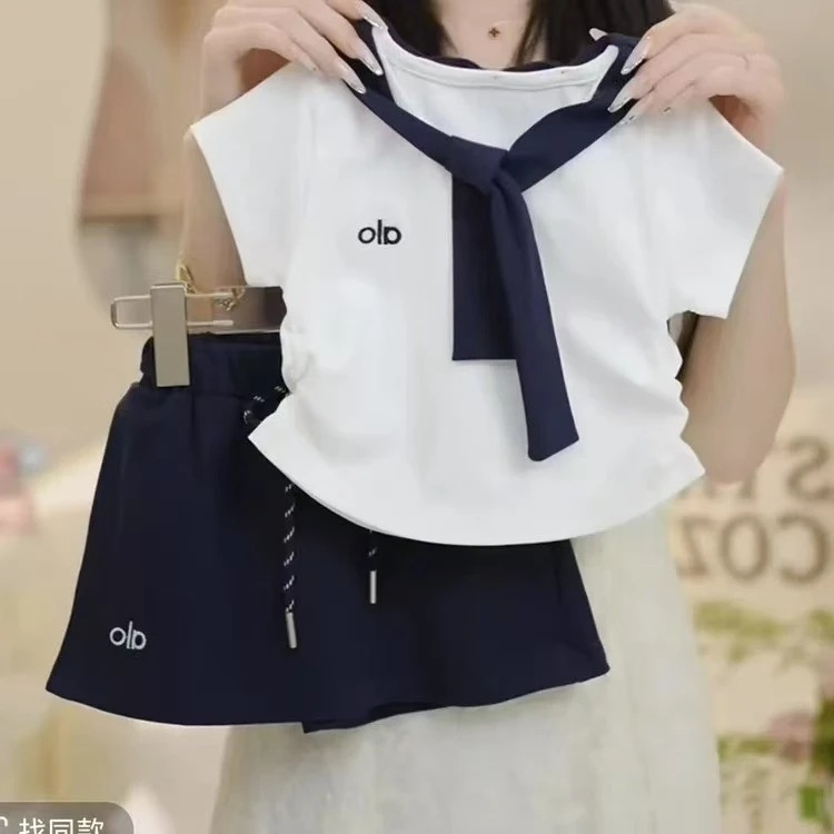 韩版童装2025新款夏季洋气女童刺绣披肩短袖T恤裙裤两件运动套装